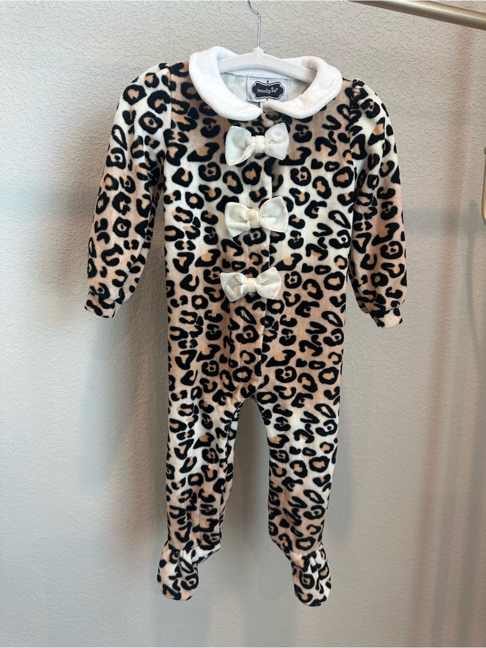 Mud Pie Leopard-Print Footed One-Piece in Cream and Tan